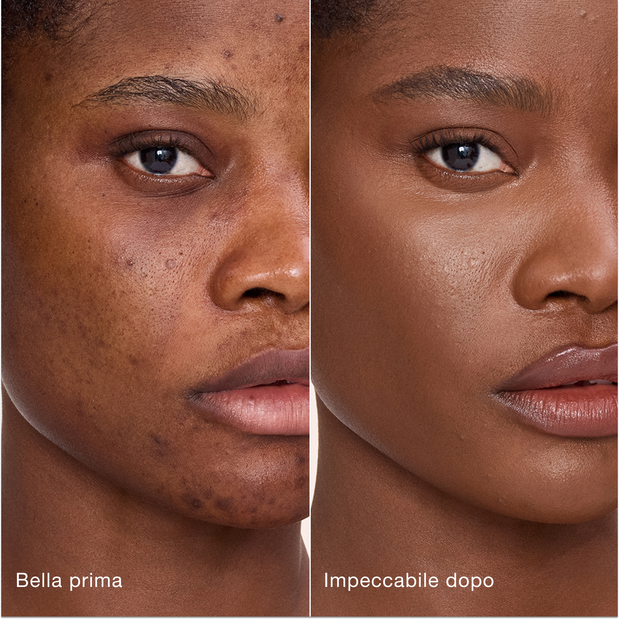 Confronto affiancato che mostra la pelle prima e dopo aver applicato il correttore Airbrush Flawless di Charlotte Tilbury, con le etichette di testo "Bella prima" e "Impeccabile dopo".