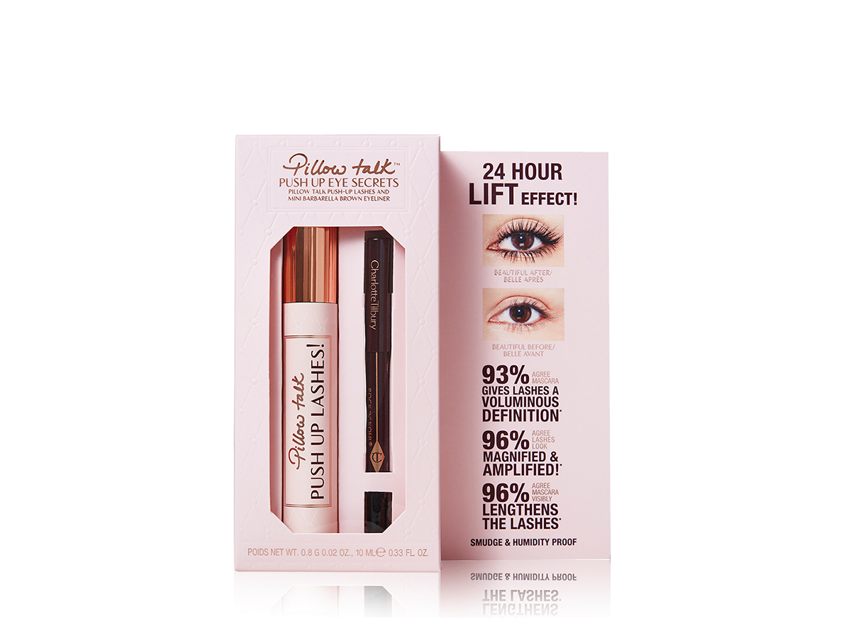 Black mascara in a nude pink tube with gold lid and dark brown eyeliner pencil packed in a light pink box. 