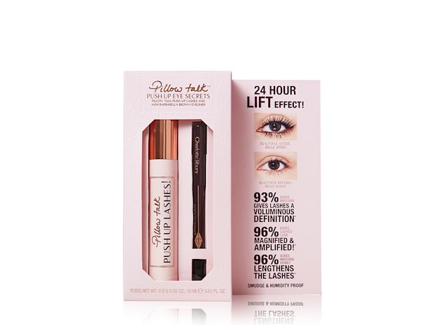 Black mascara in a nude pink tube with gold lid and dark brown eyeliner pencil packed in a light pink box. 