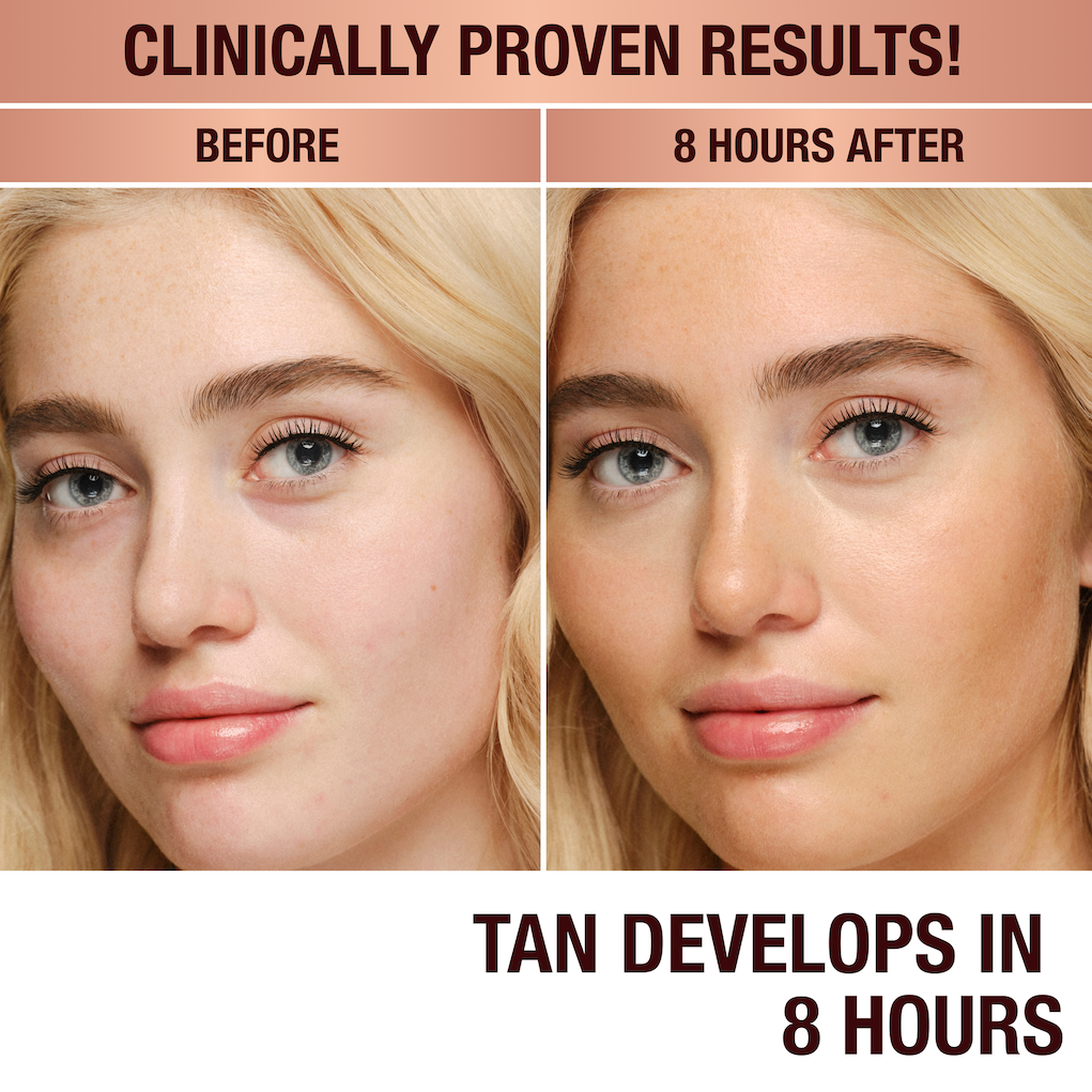 Clinically proven results! A fair blonde model with no tanning drops applied and the same model 8 hours after applying tanning drops with a bronzed glow.