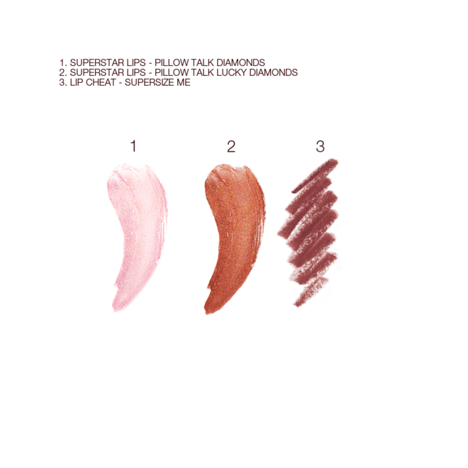Pillow Talk in Diamonds Lip Kit swatches Swatches of two shimmery lipsticks in sheer pink and nude coppery-bronze colour and swatch of a lip liner pencil in a brownish-maroon colour.