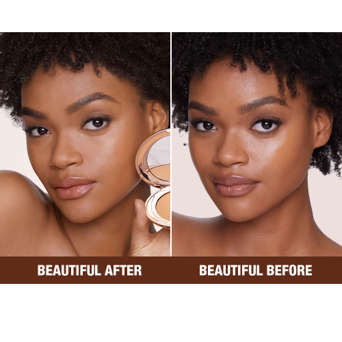 Before and after of a deep-tone brunette model with nude makeup and shiny skin before and matte, glowing skin after, after using a pressed powder in tan shade.