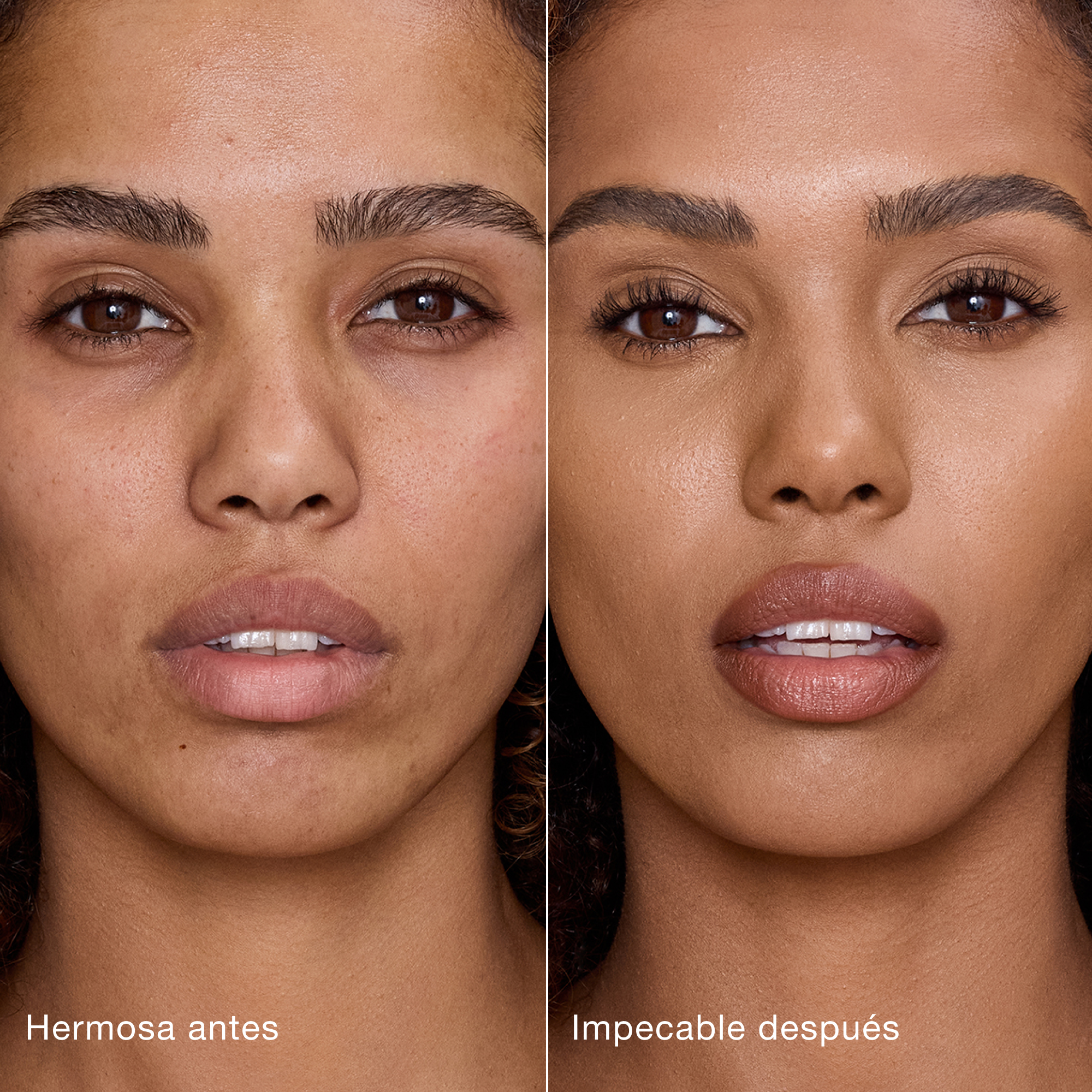 Comparación paralela que muestra la piel antes y después de aplicar el corrector Charlotte Tilbury Airbrush Flawless Concealer con las etiquetas de texto "Preciosa antes", "Impecable después".
