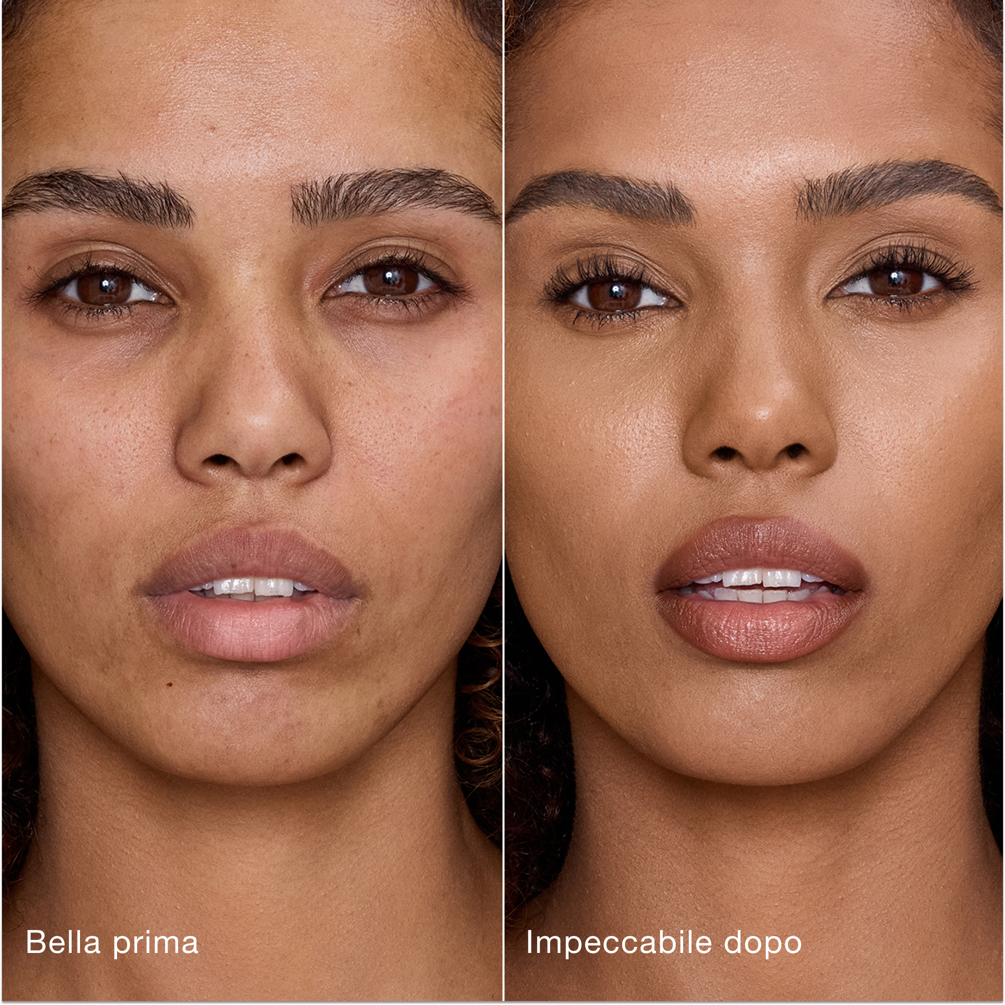 Confronto affiancato che mostra la pelle prima e dopo aver applicato il correttore Airbrush Flawless di Charlotte Tilbury, con le etichette di testo "Bella prima" e "Impeccabile dopo".
