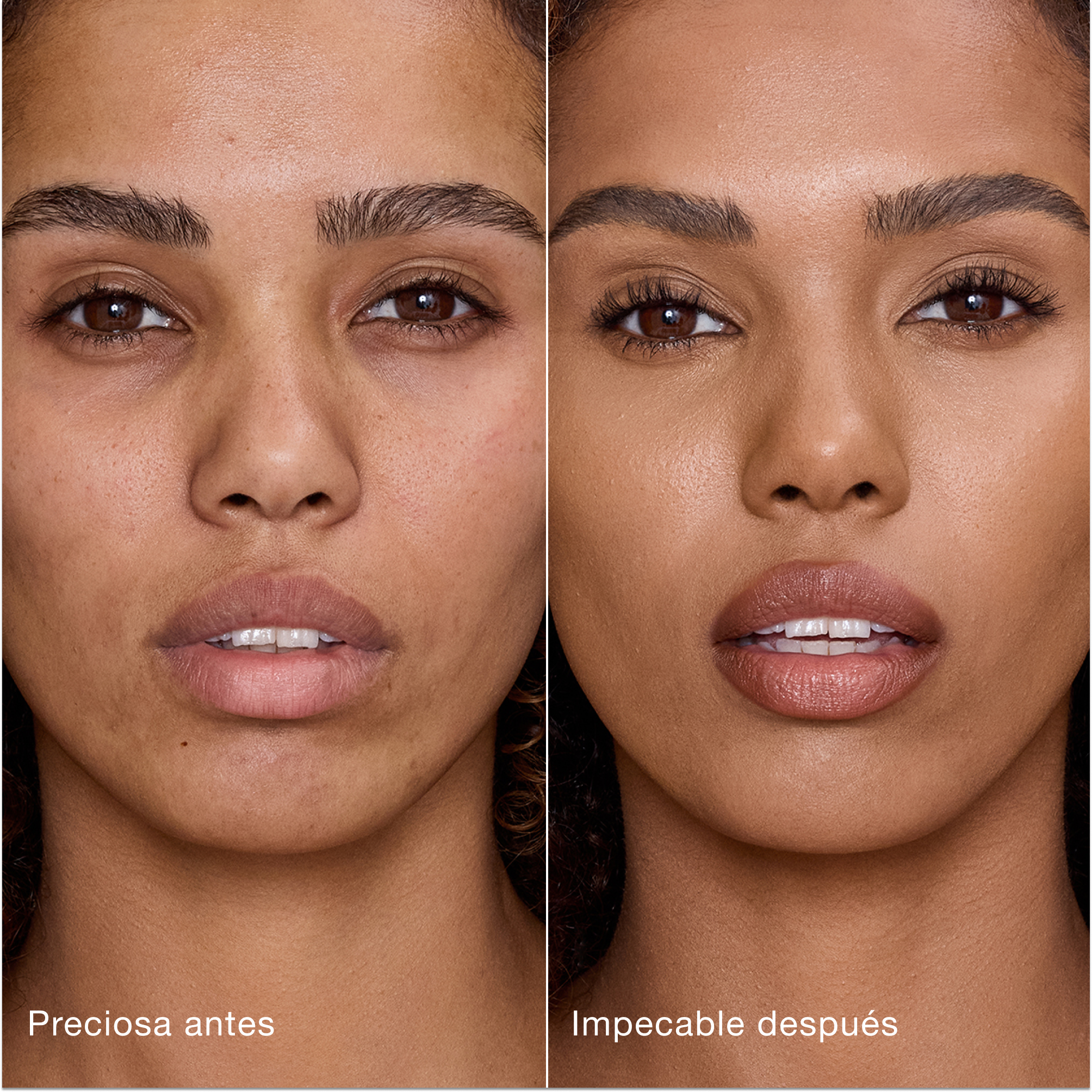 Comparación paralela que muestra la piel antes y después de aplicar el corrector Charlotte Tilbury Airbrush Flawless Concealer con las etiquetas de texto «Preciosa antes» y «Perfecta después».
