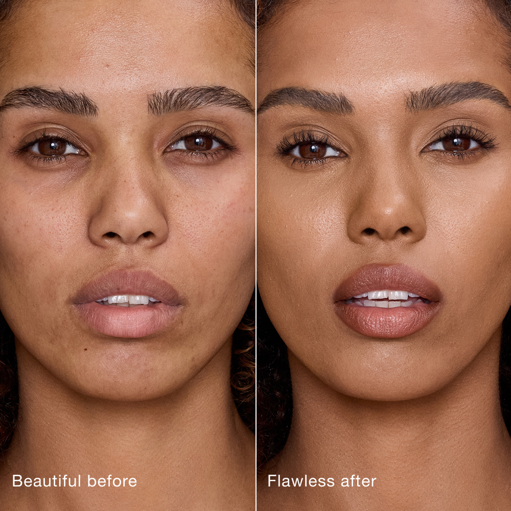 Side-by-side comparison showing skin before and after applying Charlotte Tilbury Airbrush Flawless Concealer, with text labels 'Beautiful before' and 'Flawless after'.
