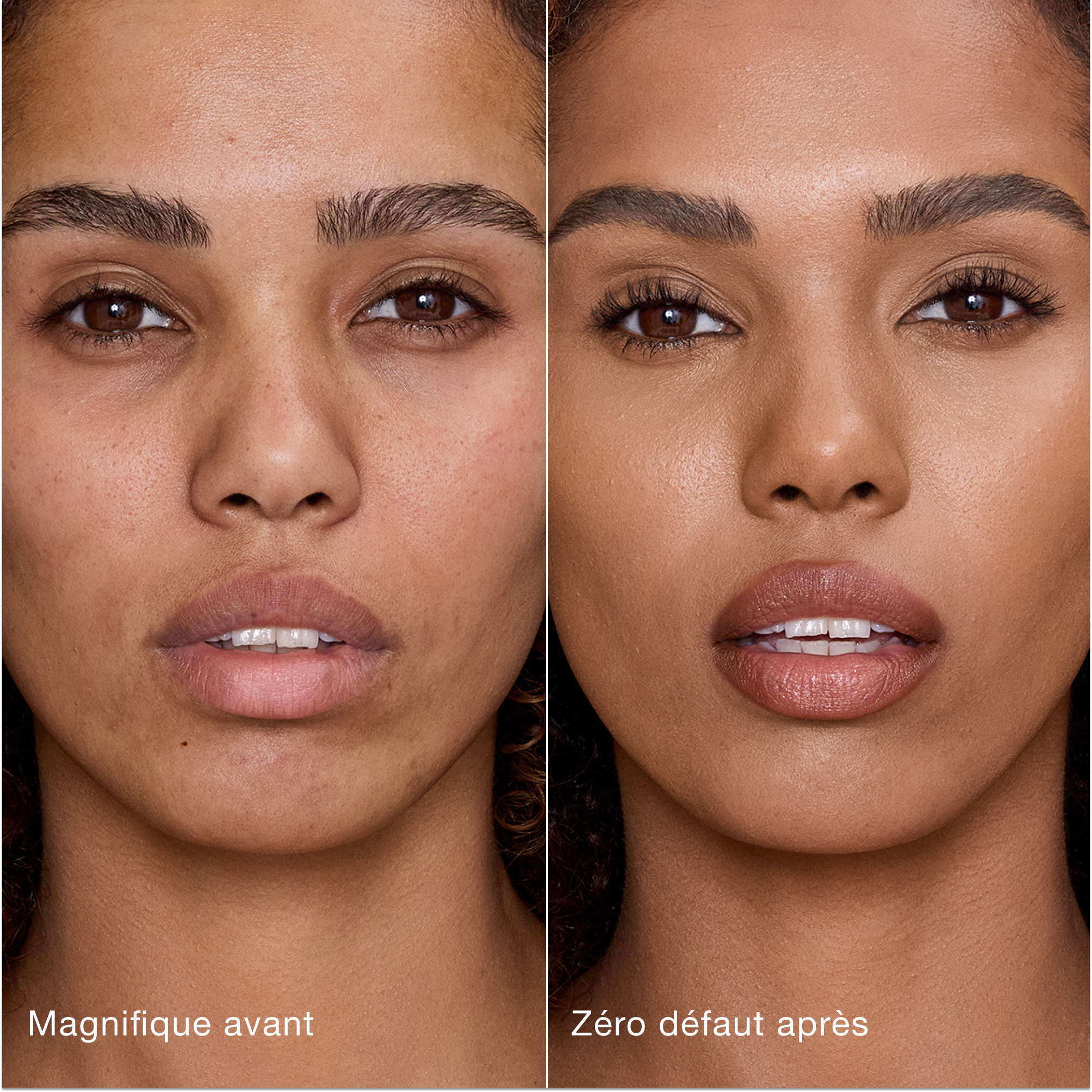 Comparaison côte à côte de la peau avant et après l'application de l'Airbrush Flawless Concealer de Charlotte Tilbury, avec les étiquettes de texte « Magnifique avant » et « Zéro défaut après ».
