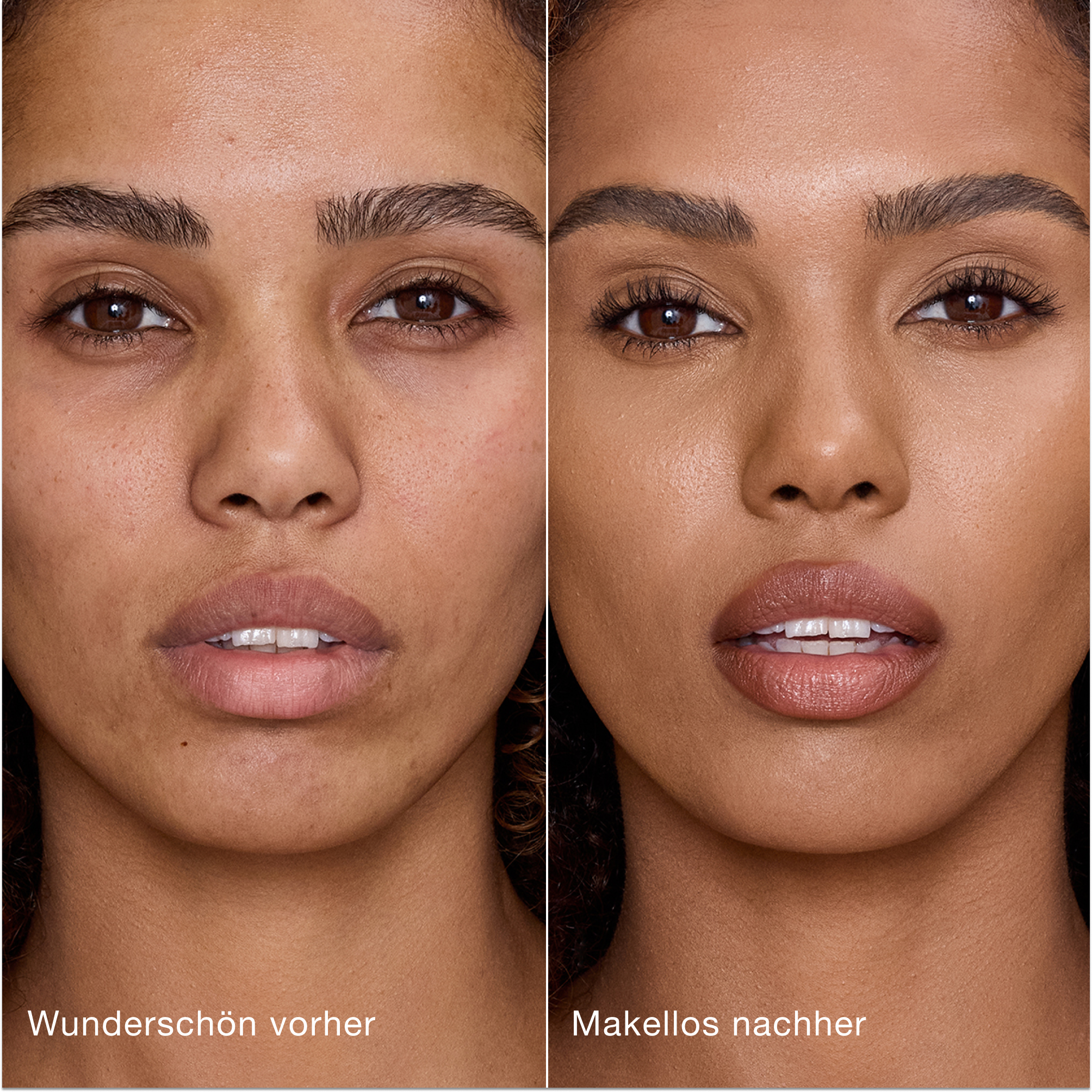 Ein direkter Vergleich zeigt die Haut vor und nach dem Auftragen des Charlotte Tilbury Airbrush Flawless Concealers mit den Beschriftungen „Wunderschön vorher“ und „Makellos nachher“.
