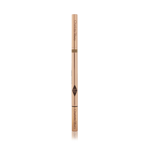 A closed, double-ended eyebrow pencil and spoolie brush duo with gold-coloured packaging.