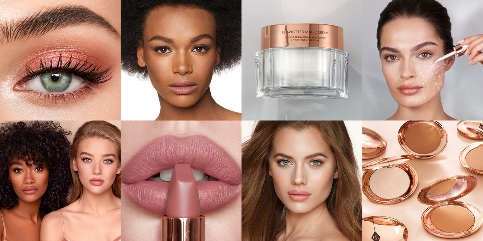 Banner with images of a single-eye close-up of a model wearing shimmery rose-gold eyeshadow, deep-tone model with glowy bronzed skin, pearly-white cream in glass jar with gold lid, light-tone model applying a luminous serum with a dropper, deep and fair-tone models wearing glowy makeup, close-up of fair-tone model wearing nude pink lipstick, and open bronzer compacts. 