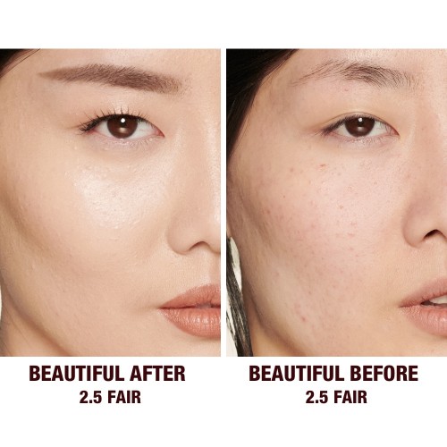 Side by side of a fair-tone model without any concealer on one side and wearing a radiant, skin-like concealer on the other side that covers her freckles, wrinkles, and dark circles.