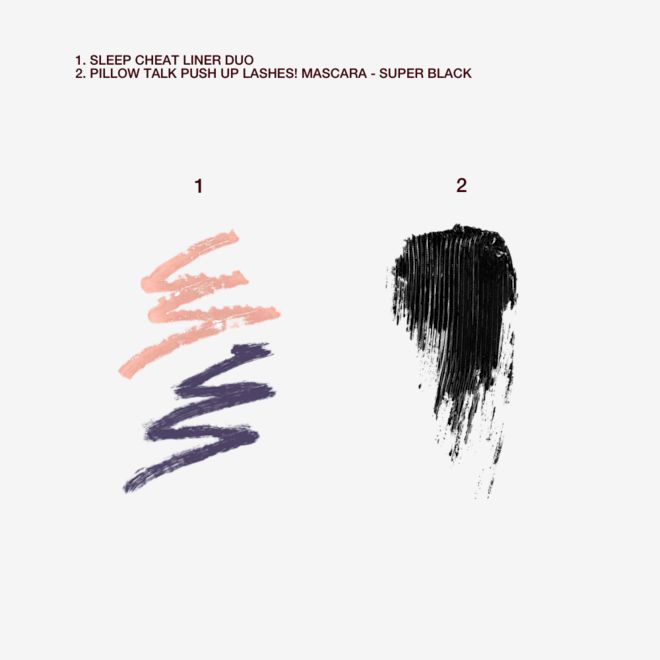 Wider Brighter Eyes Kit swatches Swatches of a double-sided eyeliner pencil in jet black and nude beige and black mascara.