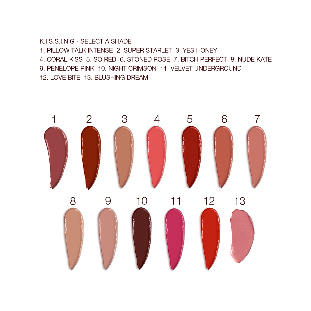 Swatches of thirteen lipsticks with a satin finish in shades of red, brown, orange, pink, and purple. 