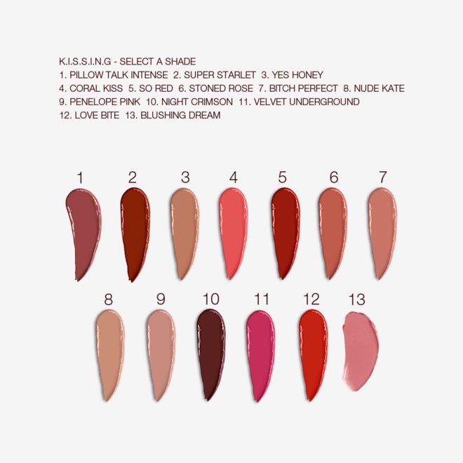 K.I.S.S.I.N.G Lipstick collection swatches Swatches of thirteen lipsticks with a satin finish in shades of red, brown, orange, pink, and purple.