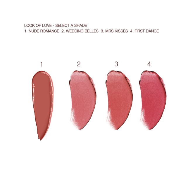 swatches of four lipsticks in shades of nude brown, nude pink, nude coral, and berry-pink.