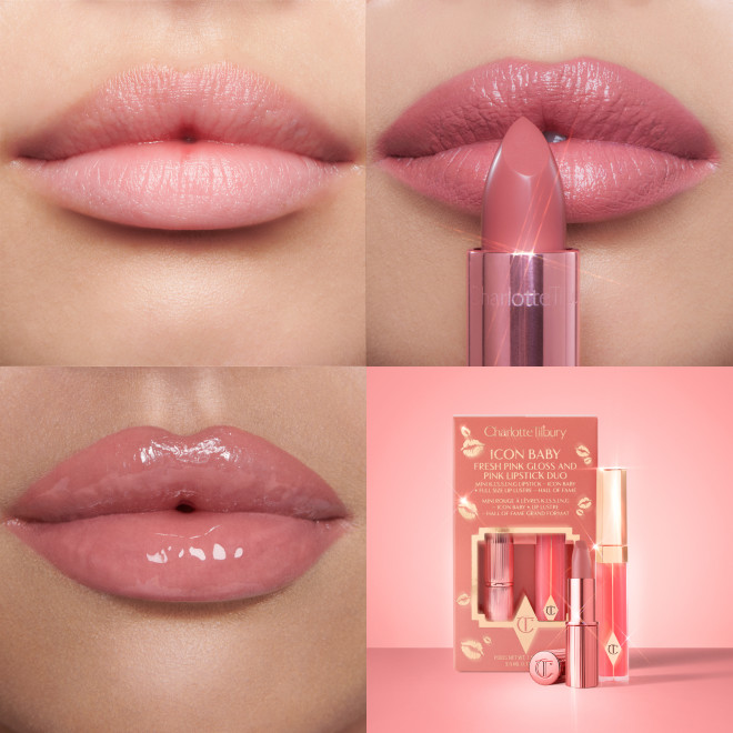 Lip Gloss & Mini Lipstick Kit in Icon Baby on fair model
