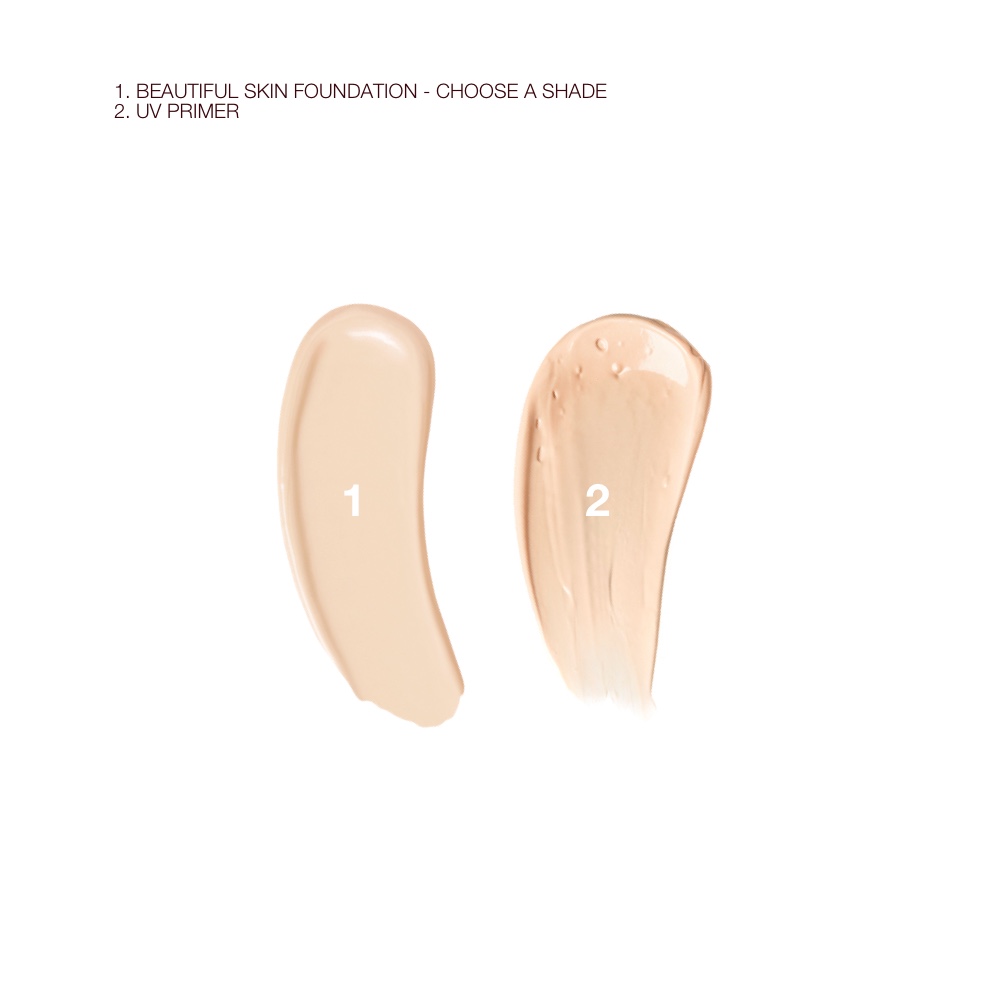 Swatches of creamy liquid foundation in a light beige shade and glowy, reflective primer in light beige shade.