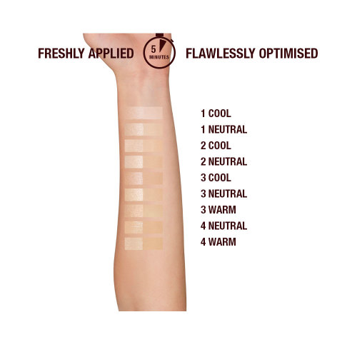 Fair-tone arm with swatches of eleven pressed powders in shades of light beige and dark beige for very fair to light skin tones. 