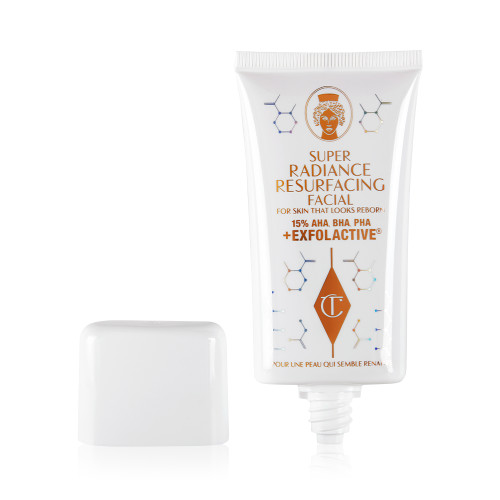 An exfoliating, wash-off, chemical mask in a white-coloured tube with its lid next to it.