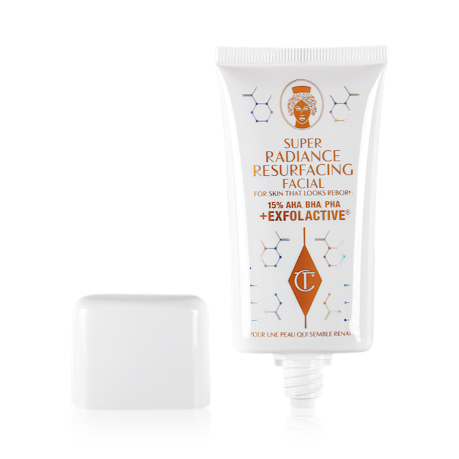 Super Radiance Resurfacing Facial open An exfoliating, wash-off, chemical mask in a white-coloured tube with its lid next to it.
