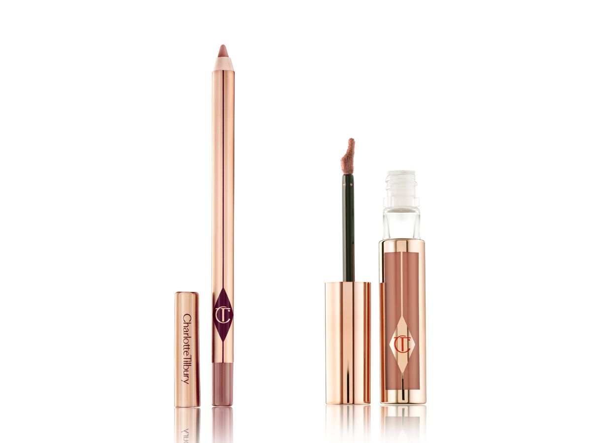 An open lip liner pencil in taupe-brown shade and a liquid lipstick in a clear tube in a taupe-brown shade with its applicator next to it. 