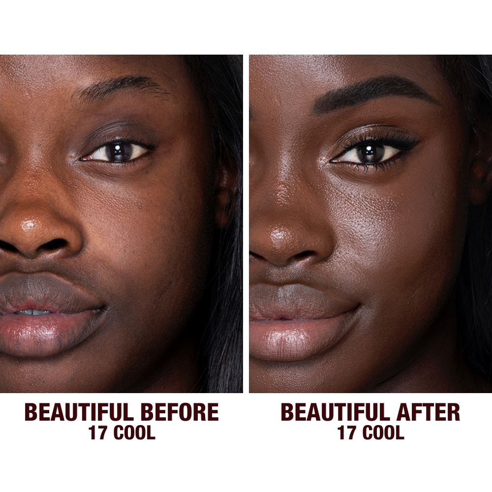 Before and after shots of a deep-tone model without any makeup and then wearing glowy, flawless skin, wearing skin-like foundation that adds a youthful glow and looks natural along with nude pink lipstick and subtle everyday eye makeup.