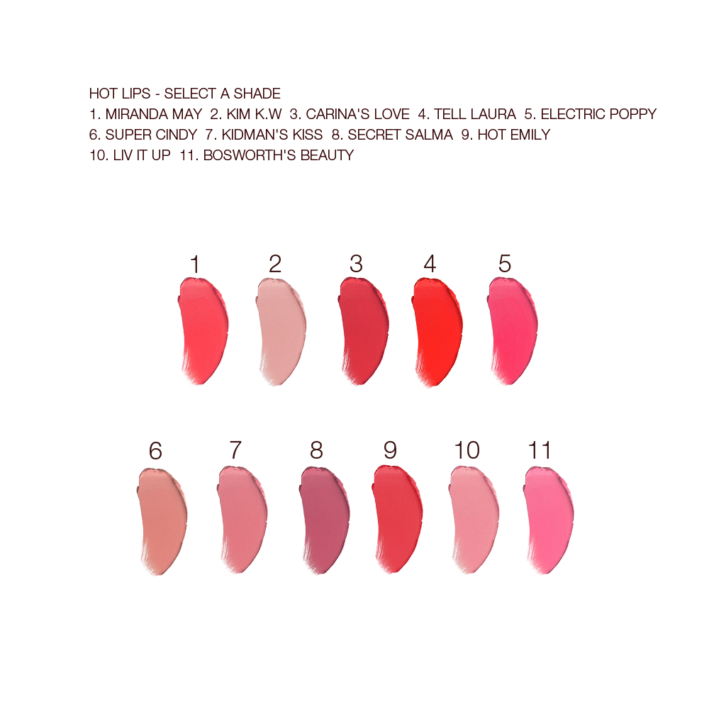 Swatches of eleven lipstick in nude and bold shades of pink, beige, red, orange, and purple.