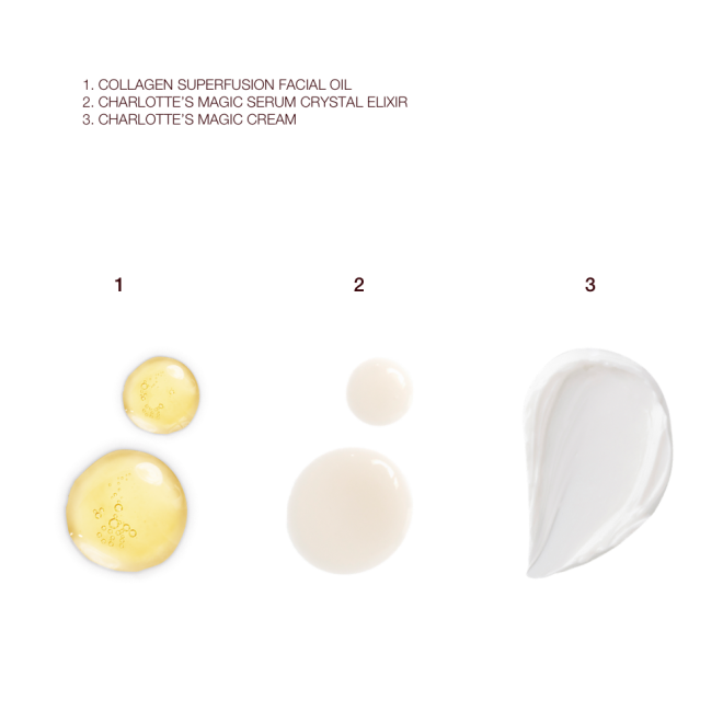 Swatches of light gold-coloured facial oil, luminous ivory-coloured serum, and pearly-white face cream. 