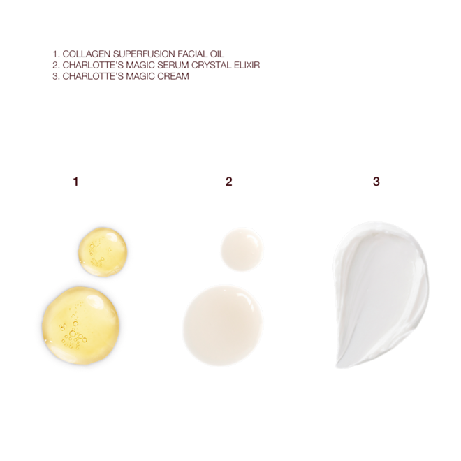 Magic Collagen 3-step Kit swatches Swatches of light gold-coloured facial oil, luminous ivory-coloured serum, and pearly-white face cream.