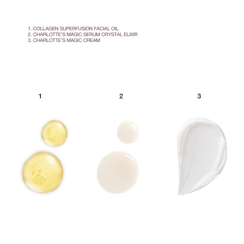 Swatches of light gold-coloured facial oil, luminous ivory-coloured serum, and pearly-white face cream. 