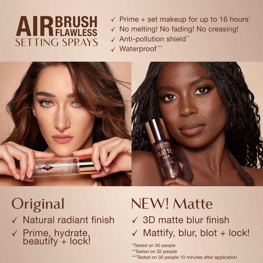 Comparison of two Airbrush Flawless Setting Sprays: Original with natural radiant finish and Matte with 3D matte blur finish. Key benefits include up to 16-hour wear, anti-pollution shield, waterproof, and claims of no melting, fading, or creasing.