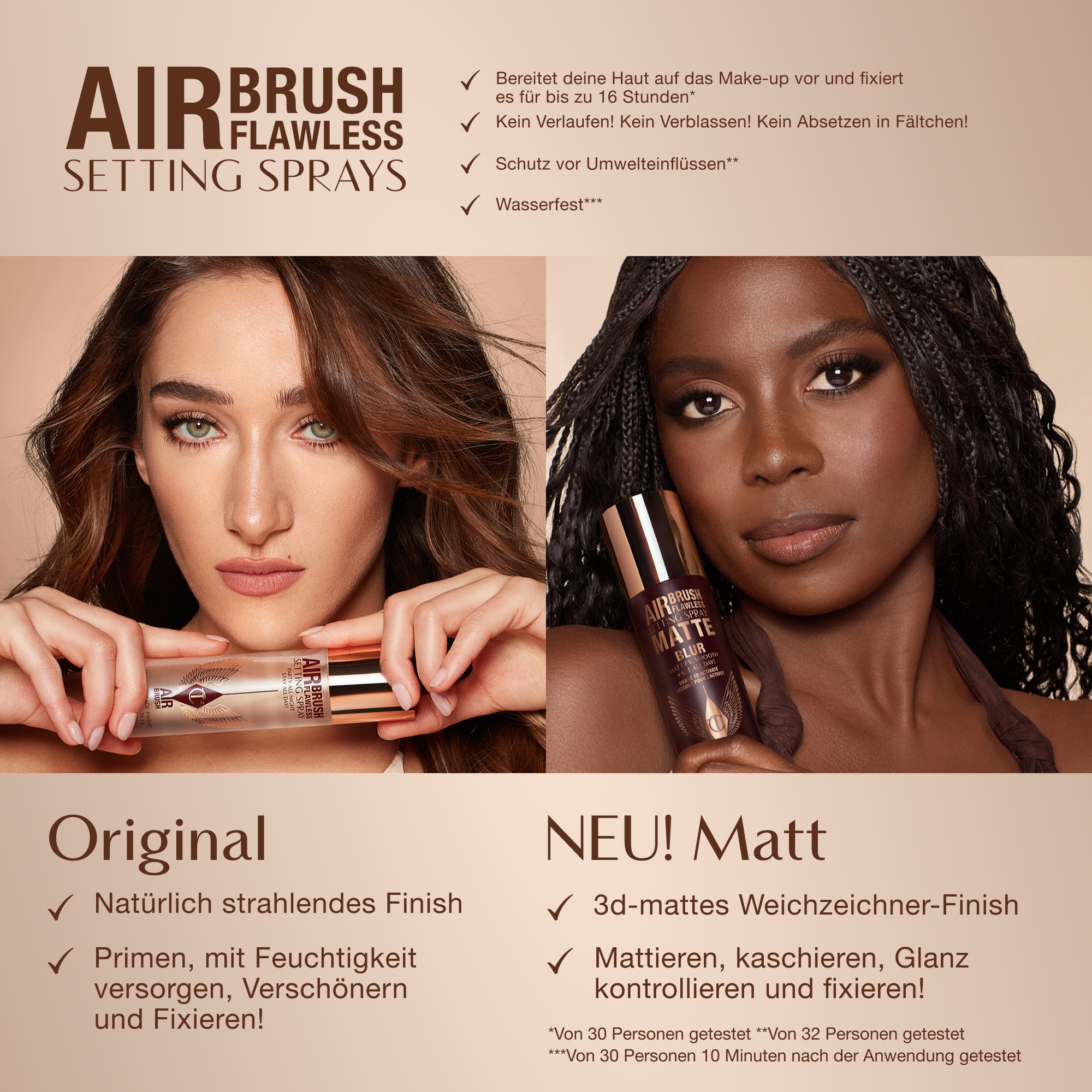 Comparison of two Airbrush Flawless Setting Sprays: Original with natural radiant finish and Matte with 3D matte blur finish. Key benefits include up to 16-hour wear, anti-pollution shield, waterproof, and claims of no melting, fading, or creasing.