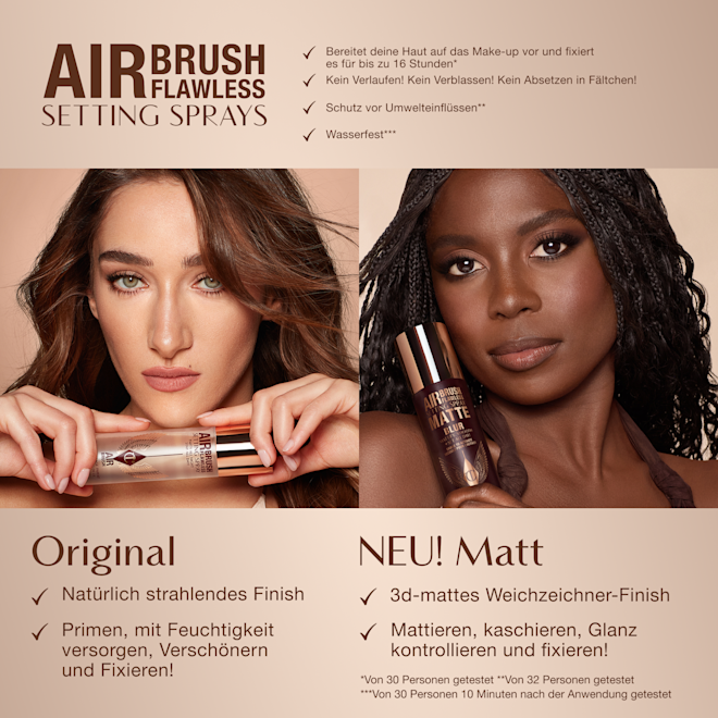 de-AFF SS Comparison Model 1000x1000 Comparison of two Airbrush Flawless Setting Sprays: Original with natural radiant finish and Matte with 3D matte blur finish. Key benefits include up to 16-hour wear, anti-pollution shield, waterproof, and claims of no melting, fading, or creasing.