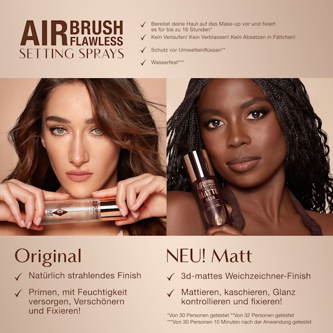 de-AFF SS Comparison Model 1000x1000 Comparison of two Airbrush Flawless Setting Sprays: Original with natural radiant finish and Matte with 3D matte blur finish. Key benefits include up to 16-hour wear, anti-pollution shield, waterproof, and claims of no melting, fading, or creasing.