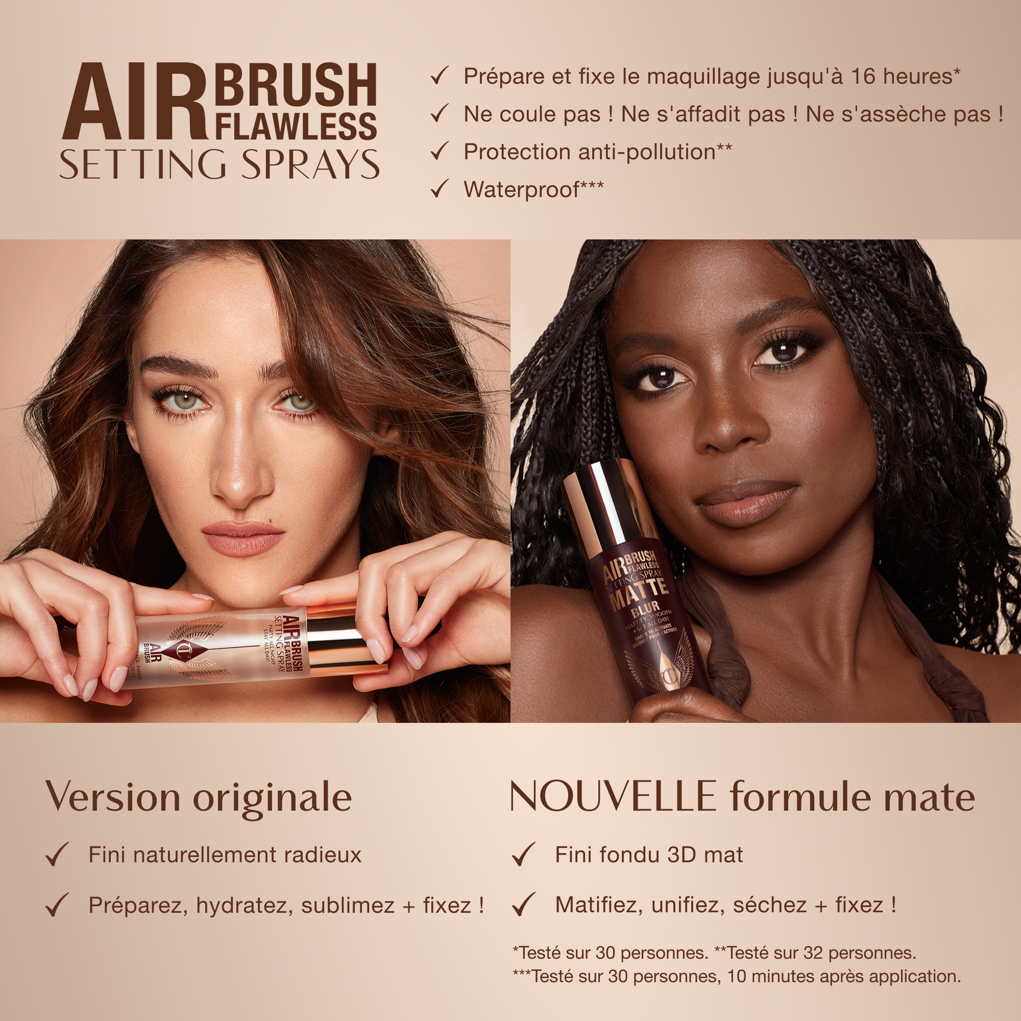 Comparison of two Airbrush Flawless Setting Sprays: Original with natural radiant finish and Matte with 3D matte blur finish. Key benefits include up to 16-hour wear, anti-pollution shield, waterproof, and claims of no melting, fading, or creasing.