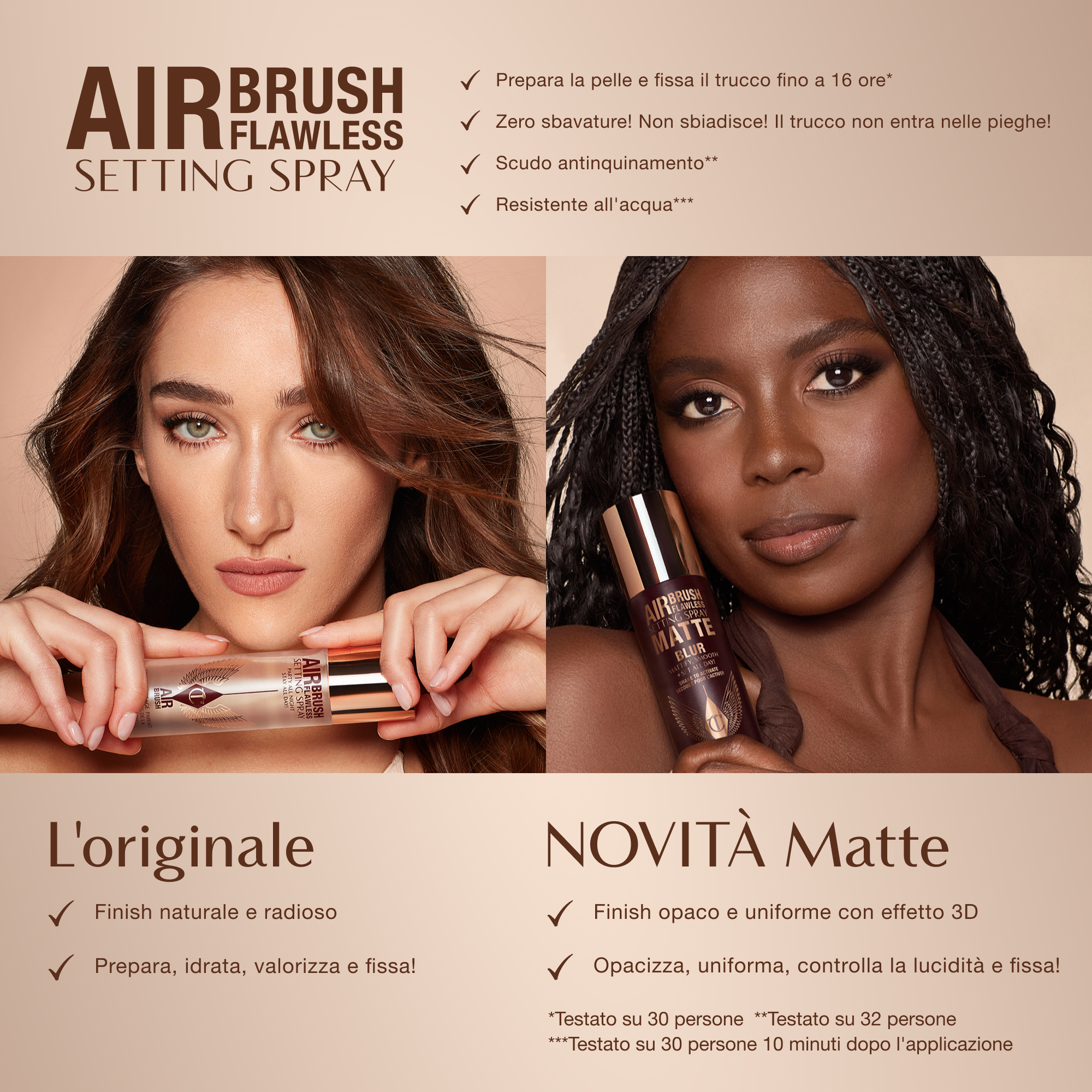 Comparison of two Airbrush Flawless Setting Sprays: Original with natural radiant finish and Matte with 3D matte blur finish. Key benefits include up to 16-hour wear, anti-pollution shield, waterproof, and claims of no melting, fading, or creasing.