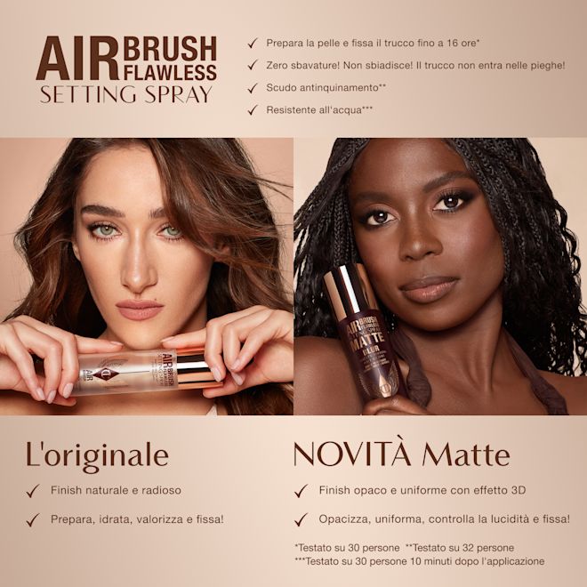 it-AFF SS Comparison Model 1000x1000 Comparison of two Airbrush Flawless Setting Sprays: Original with natural radiant finish and Matte with 3D matte blur finish. Key benefits include up to 16-hour wear, anti-pollution shield, waterproof, and claims of no melting, fading, or creasing.