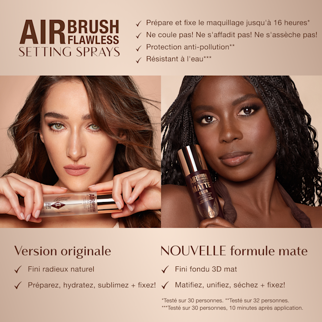 frca-AFF SS Comparison Model 1000x1000 Comparison of two Airbrush Flawless Setting Sprays: Original with natural radiant finish and Matte with 3D matte blur finish. Key benefits include up to 16-hour wear, anti-pollution shield, waterproof, and claims of no melting, fading, or creasing.