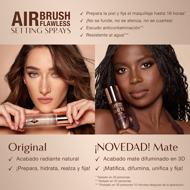 es-AFF SS Comparison Model 1000x1000 Comparison of two Airbrush Flawless Setting Sprays: Original with natural radiant finish and Matte with 3D matte blur finish. Key benefits include up to 16-hour wear, anti-pollution shield, waterproof, and claims of no melting, fading, or creasing.
