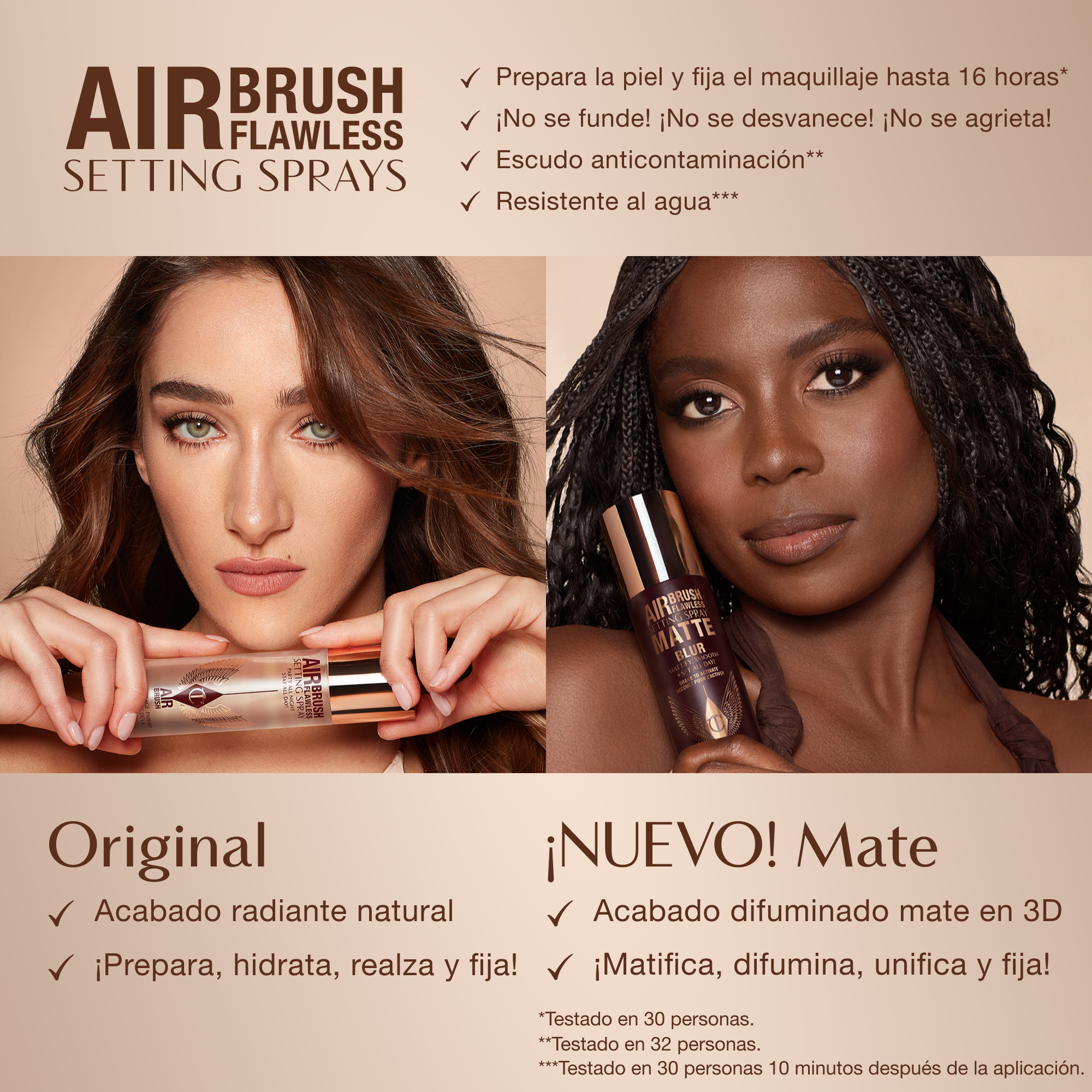 Comparison of two Airbrush Flawless Setting Sprays: Original with natural radiant finish and Matte with 3D matte blur finish. Key benefits include up to 16-hour wear, anti-pollution shield, waterproof, and claims of no melting, fading, or creasing.