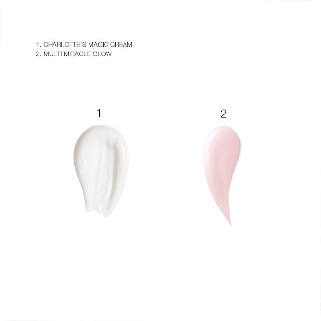 Multi Magic Glowing Skin Kit swatches Swatches of a pearly-white face cream and pearly-pink-coloured cleansing balm.