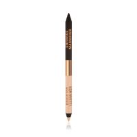 An open, double-ended eyeliner pencil in black and nude beige shades.