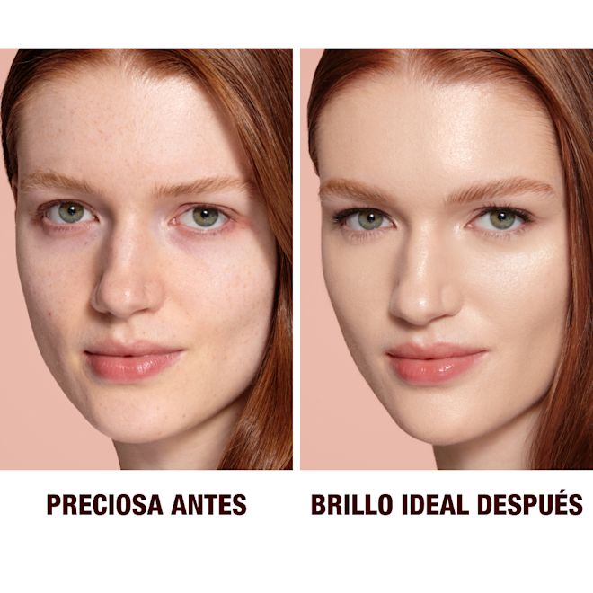 ES-US HFF1-B&A (1) Close-up of a before and after of a fair-tone model wearing smokey rose gold eye makeup with a glow-boosting primer that blurs her pores and makes skin look flawless.