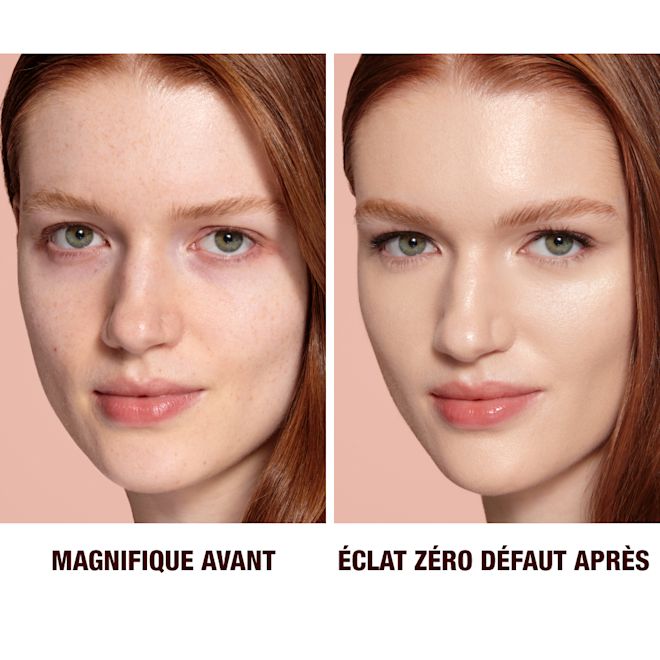 FR HFF1-B&A Close-up of a before and after of a fair-tone model wearing smokey rose gold eye makeup with a glow-boosting primer that blurs her pores and makes skin look flawless.