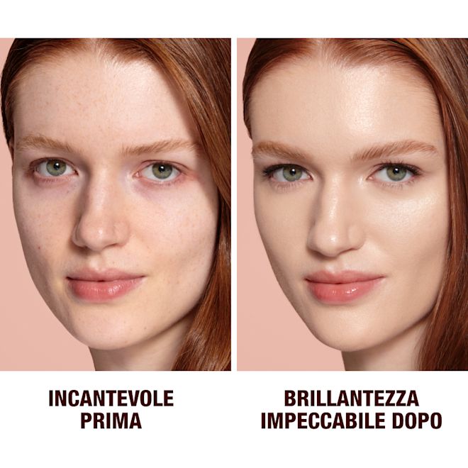 IT HFF1-B&A (2) Close-up of a before and after of a fair-tone model wearing smokey rose gold eye makeup with a glow-boosting primer that blurs her pores and makes skin look flawless.