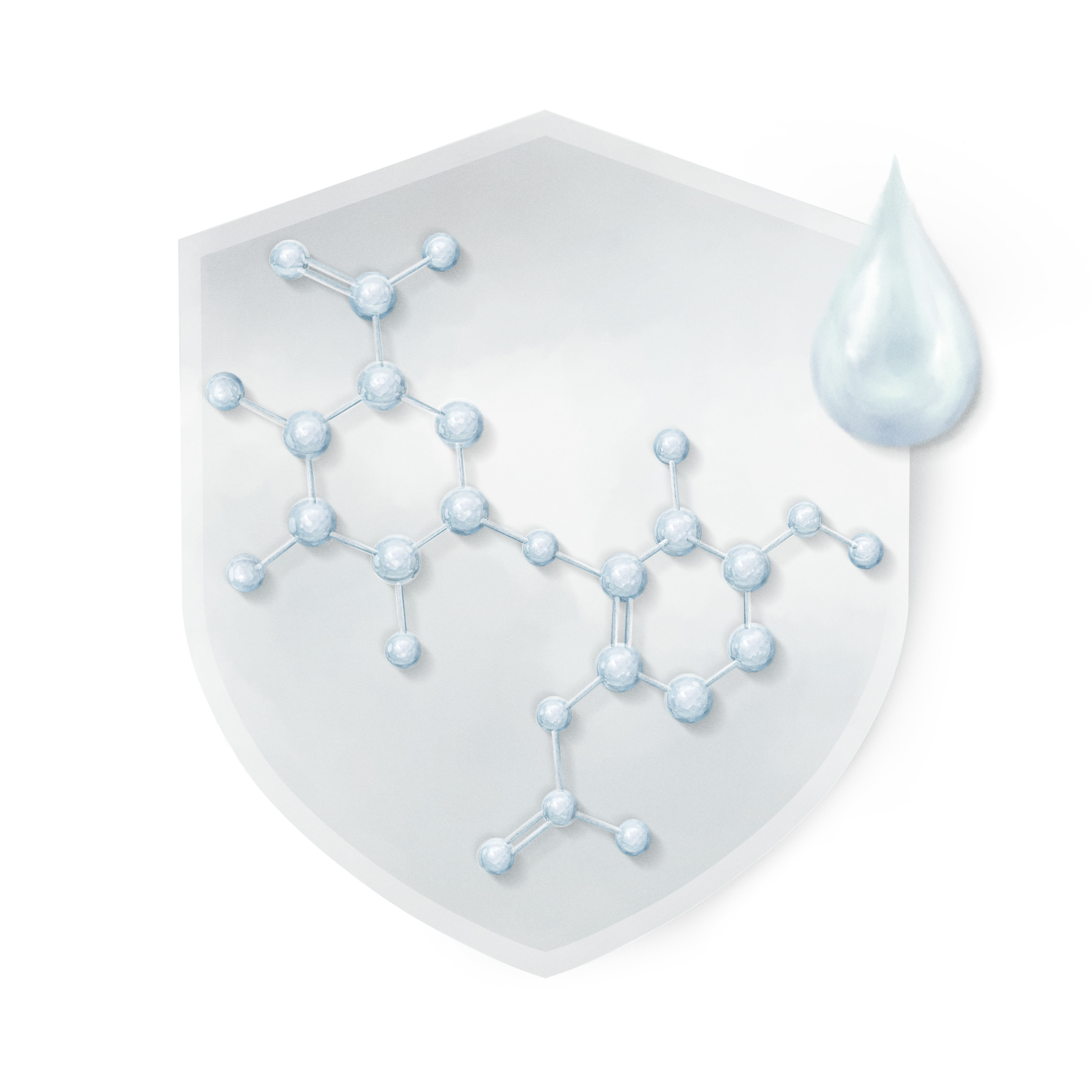 An illustration of a silver-coloured shield with hyaluronic acid molecules inside it and a water droplet above it. 