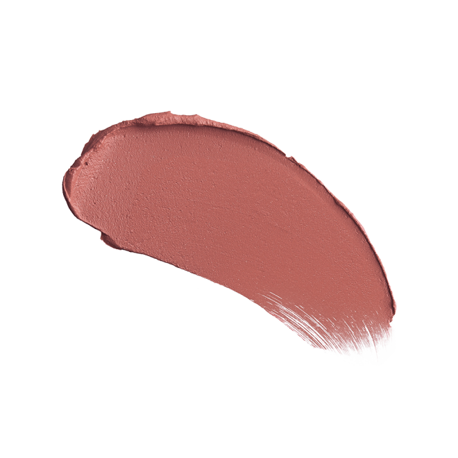 Swatch of a mid-toned muted nude-rose matte lipstick. 