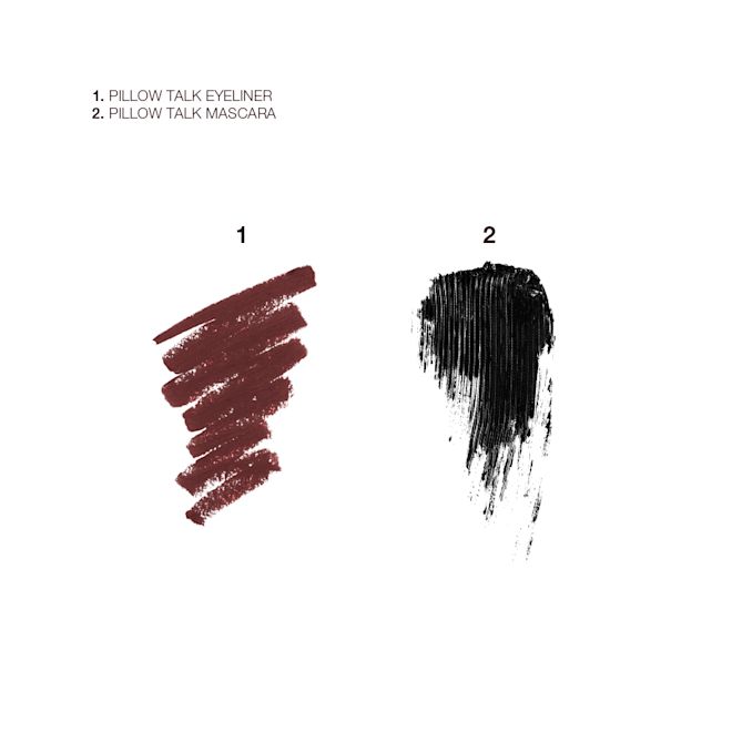 Pillow Talk Beautifying Eye Filter swatches Swatches of a black mascara and reddish-brown-coloured eyeliner pencil.