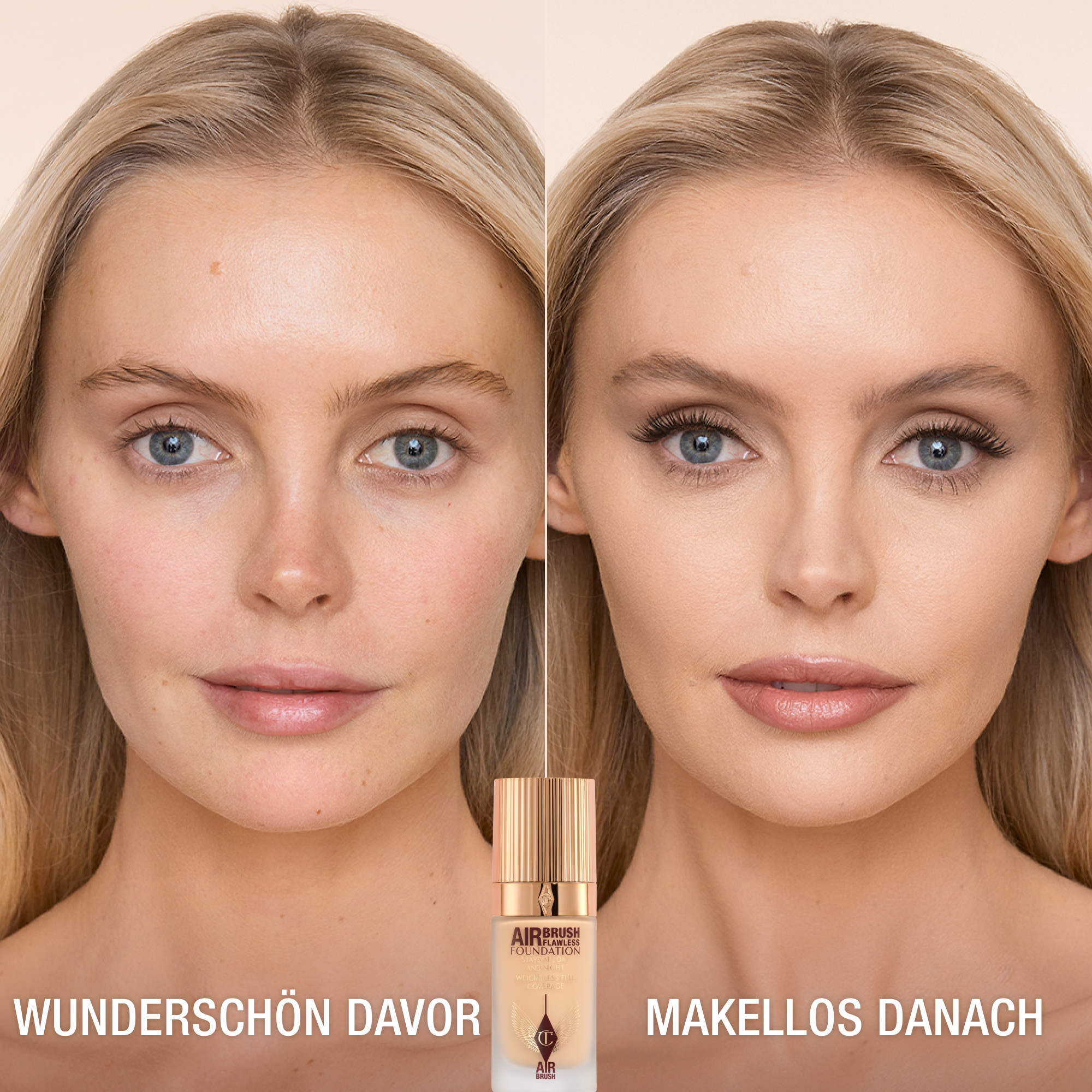 AIRBRUSH FLAWLESS FOUNDATION 4 WARM, VORHER UND NACHHER