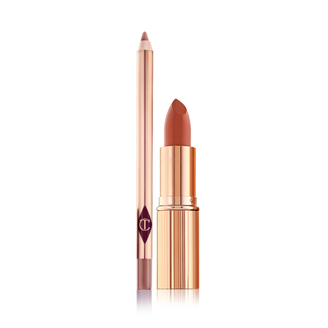An open lip liner pencil and an open lipstick with a satin finish in a gold-coloured tube.